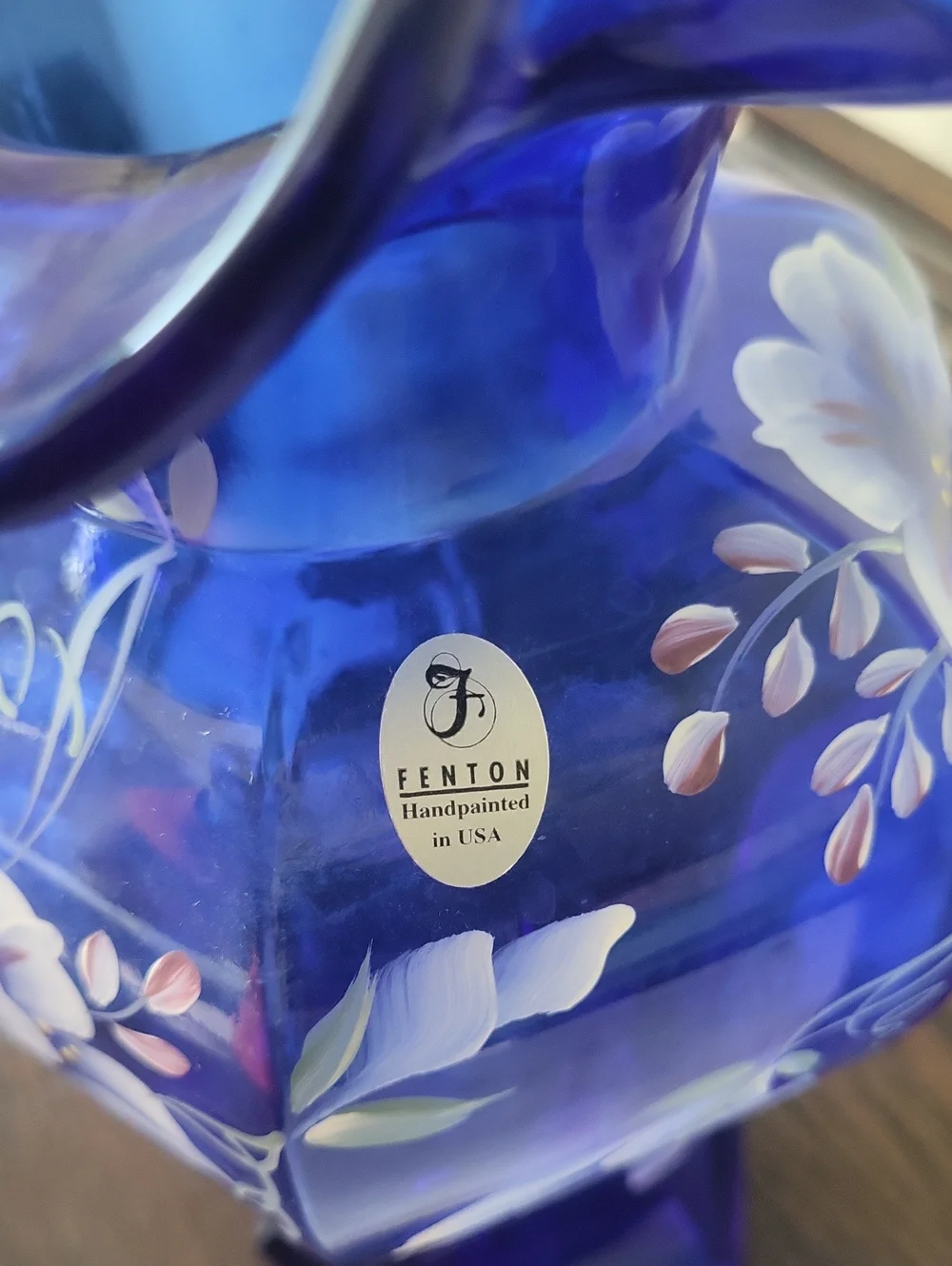 Fenton Cobalt Blue Hand-Painted Floral Ruffled Vintage Vase